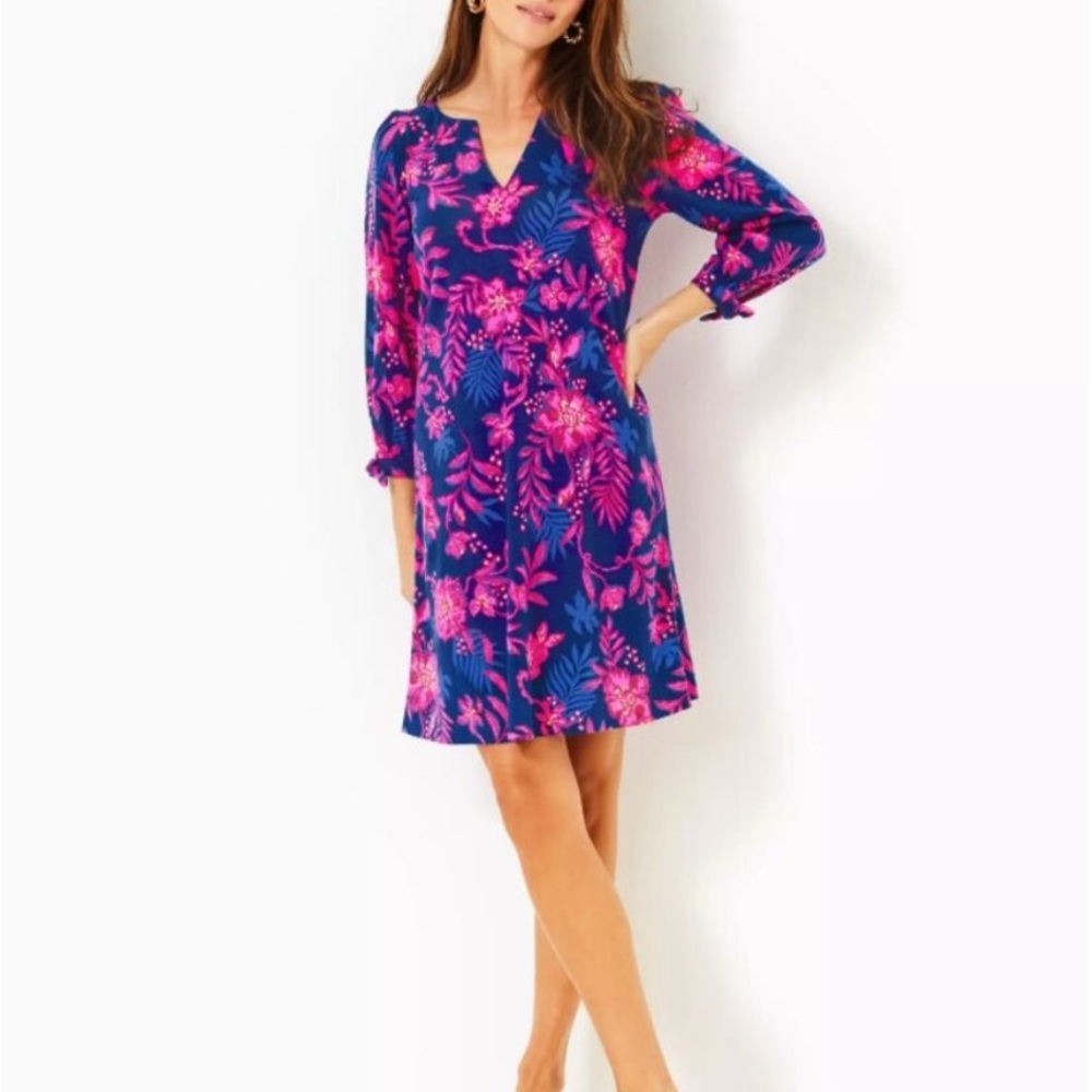 NWT Lilly Pulitzer Cath Dress with 3/4 sleeves Blue and Pink Floral print